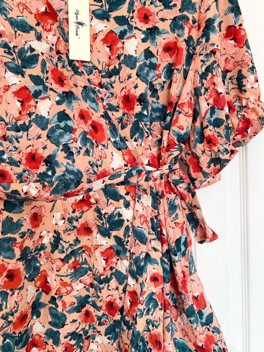 Plus Size Wrap Belted Tops Floral V-neck Ruffle Short Sleeve Peplum Blouse, 3X - Picture 12 of 15